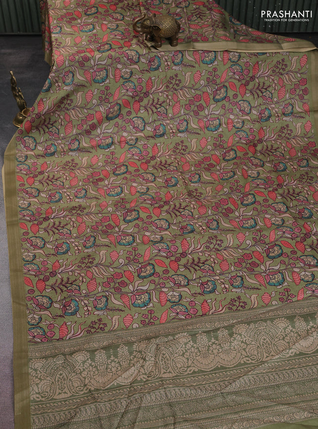 Semi tussar saree pastel green with allover kalamkari prints and zari woven border