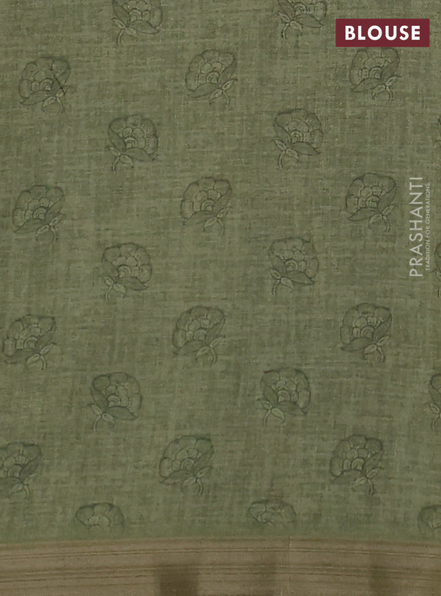 Semi tussar saree pastel green with allover kalamkari prints and zari woven border