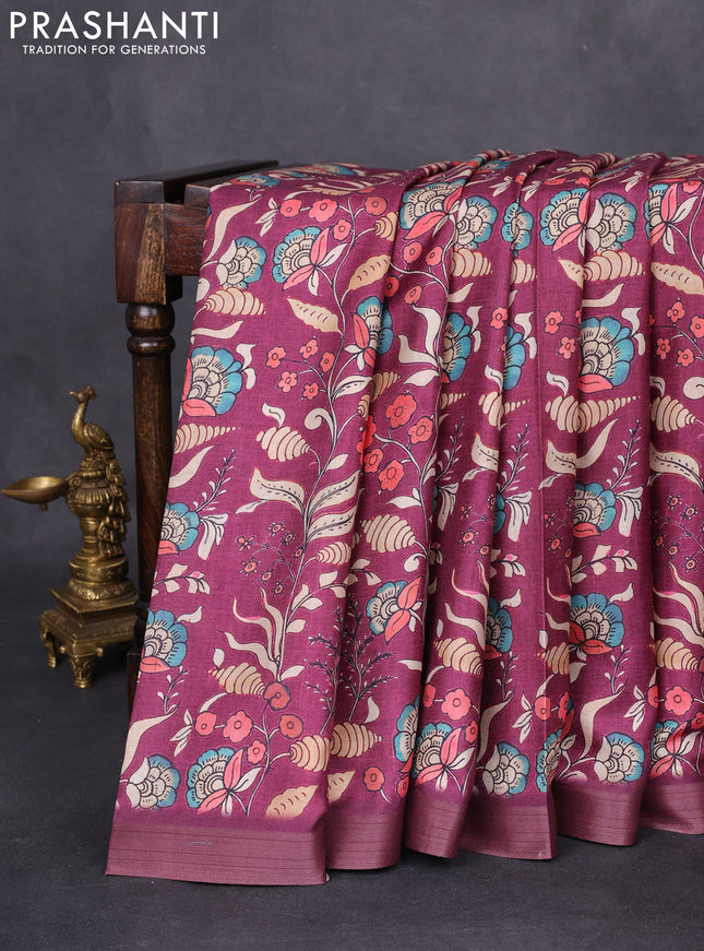 Semi tussar saree wine shade with allover kalamkari prints and zari woven border