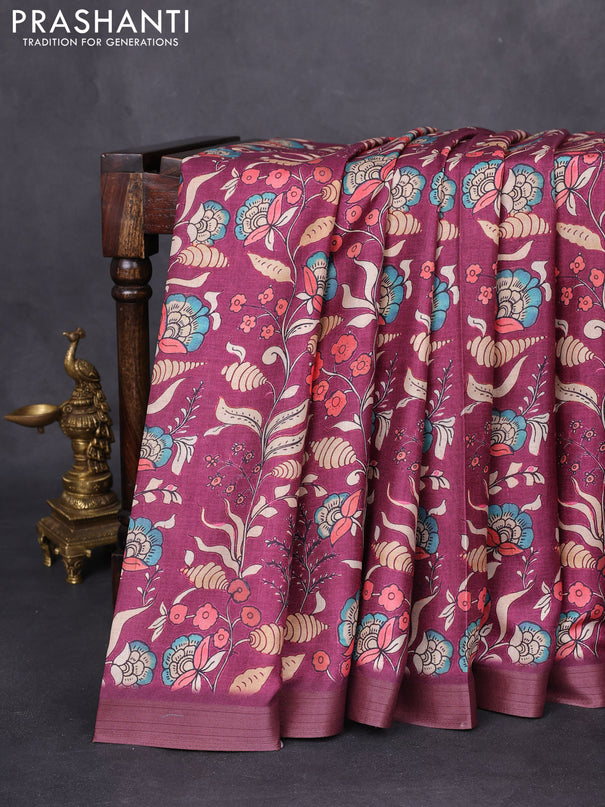 Semi tussar saree wine shade with allover kalamkari prints and zari woven border
