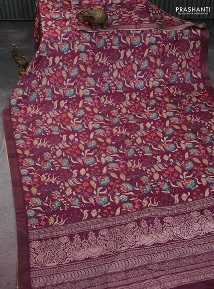 Semi tussar saree wine shade with allover kalamkari prints and zari woven border