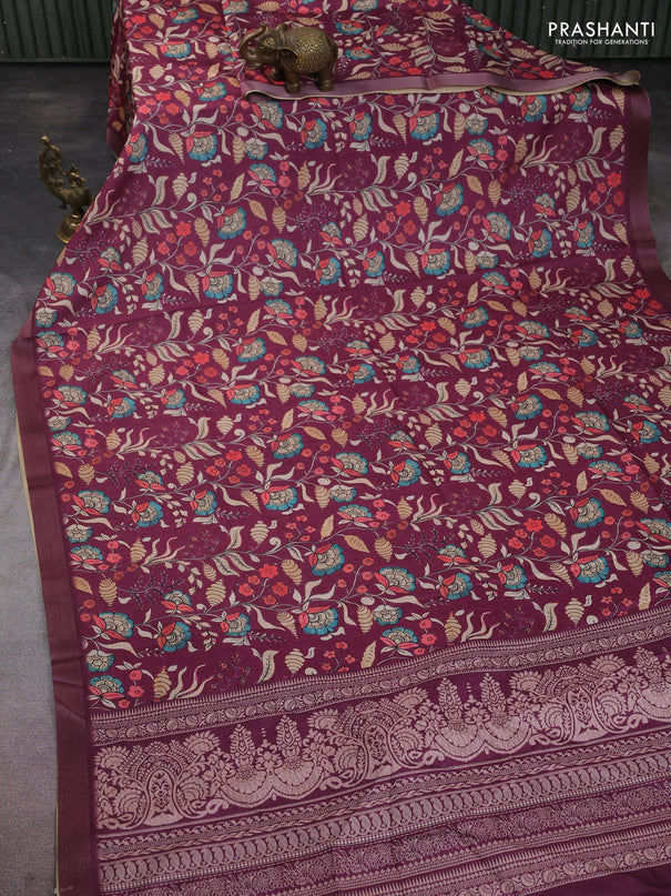 Semi tussar saree wine shade with allover kalamkari prints and zari woven border