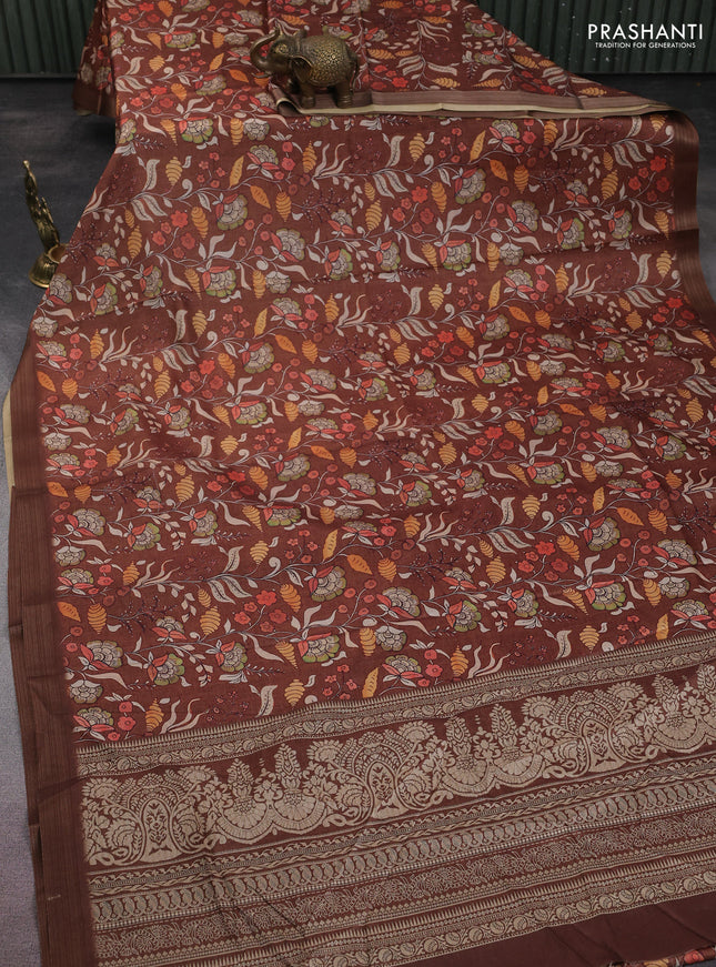Semi tussar saree brown with allover kalamkari prints and zari woven border