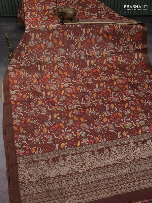 Semi tussar saree brown with allover kalamkari prints and zari woven border