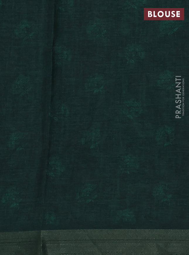 Semi tussar saree bottle green with allover kalamkari prints and zari woven border