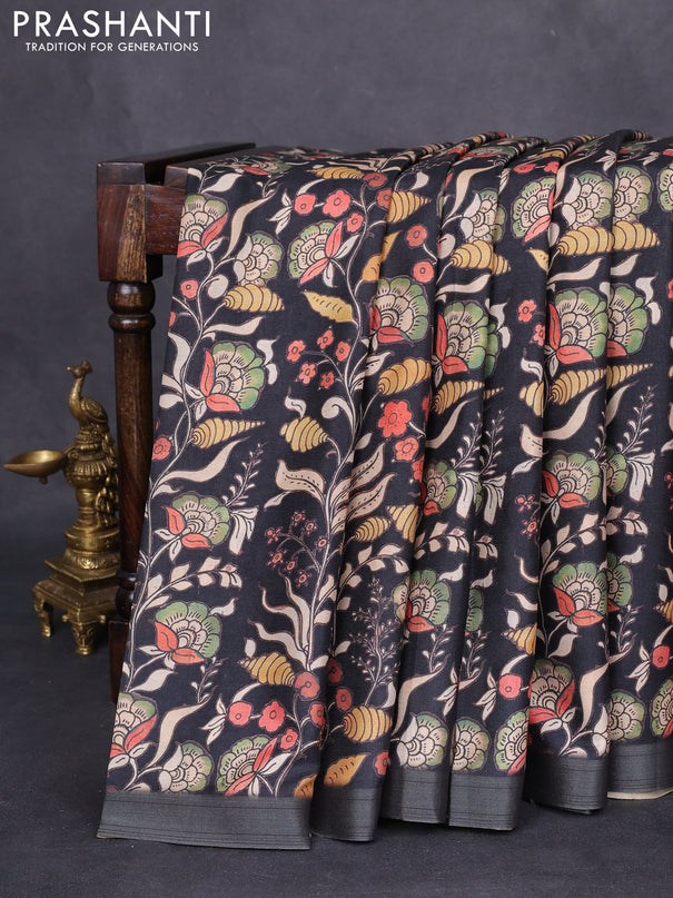 Semi tussar saree black with allover kalamkari prints and zari woven border