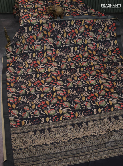 Semi tussar saree black with allover kalamkari prints and zari woven border