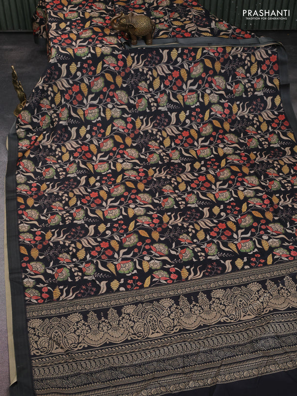 Semi tussar saree black with allover kalamkari prints and zari woven border