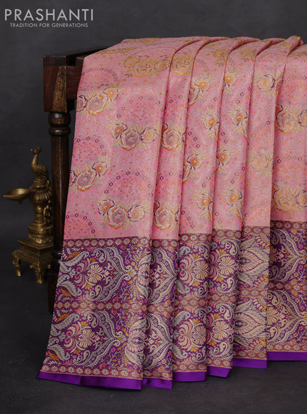Pure Kanchipuram tissue silk saree peach pink and violet with allover zari woven floral brocade weaves and long zari woven mina border