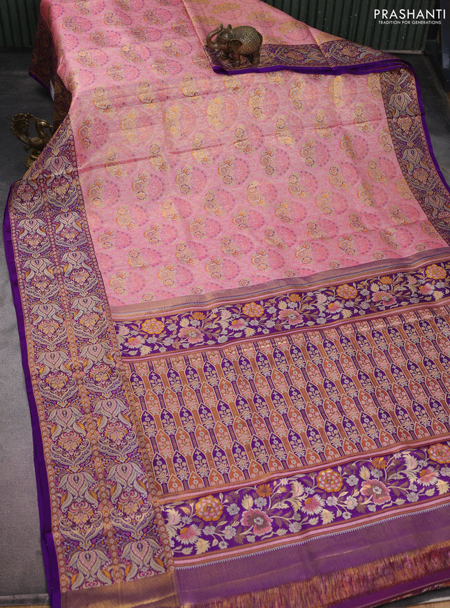 Pure Kanchipuram tissue silk saree peach pink and violet with allover zari woven floral brocade weaves and long zari woven mina border
