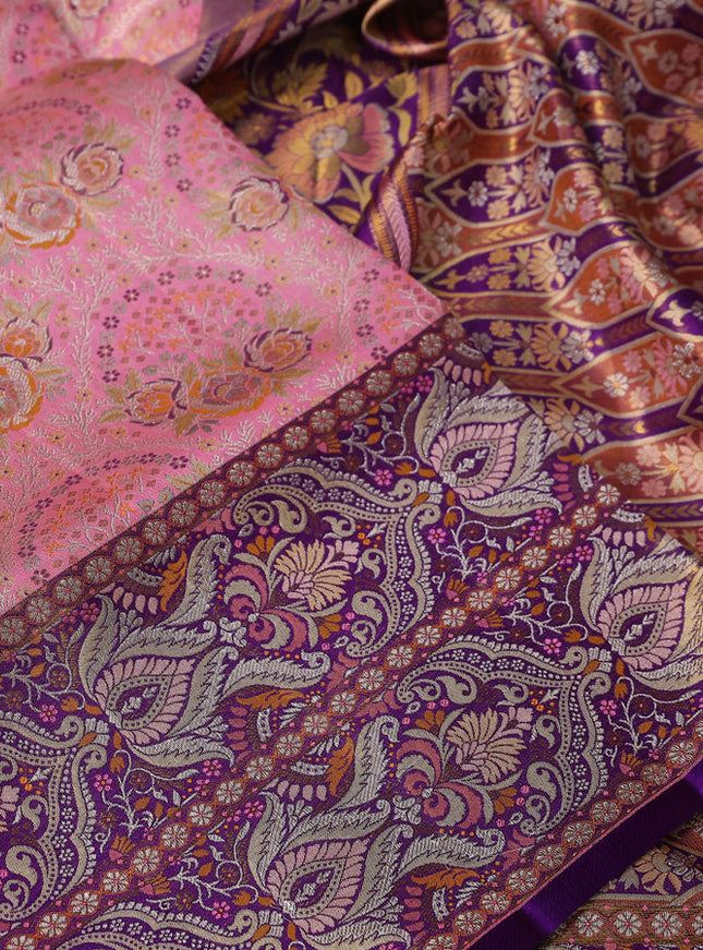 Pure Kanchipuram tissue silk saree peach pink and violet with allover zari woven floral brocade weaves and long zari woven mina border