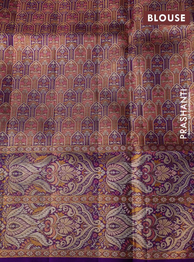 Pure Kanchipuram tissue silk saree peach pink and violet with allover zari woven floral brocade weaves and long zari woven mina border