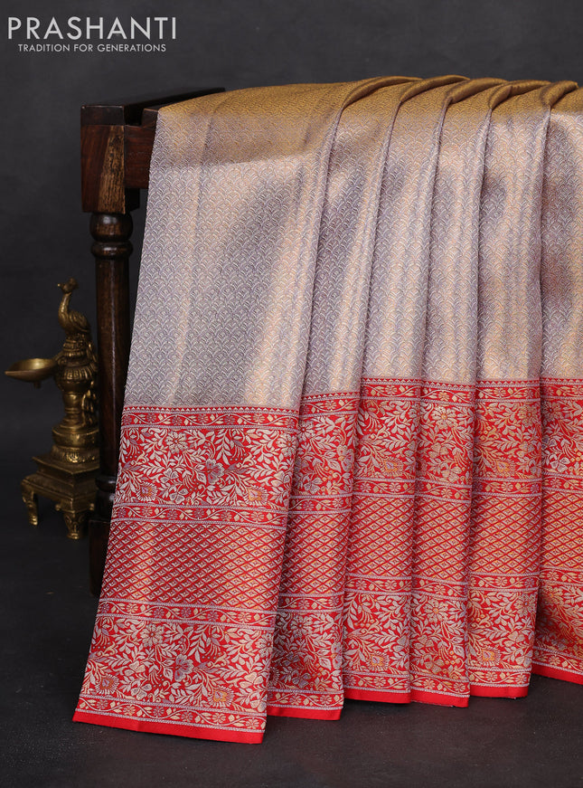 Pure Kanchipuram tissue silk saree grey and red with allover zari woven brocade weaves and long zari woven border