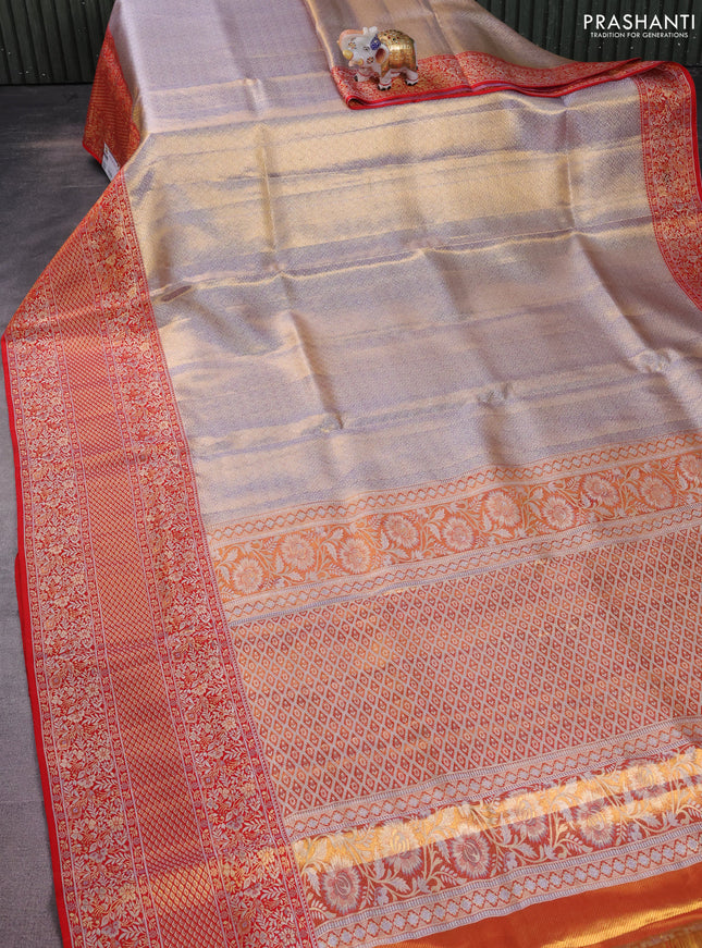 Pure Kanchipuram tissue silk saree grey and red with allover zari woven brocade weaves and long zari woven border