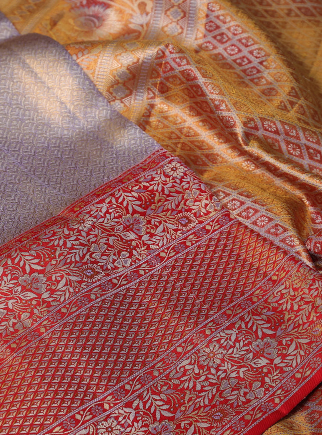Pure Kanchipuram tissue silk saree grey and red with allover zari woven brocade weaves and long zari woven border