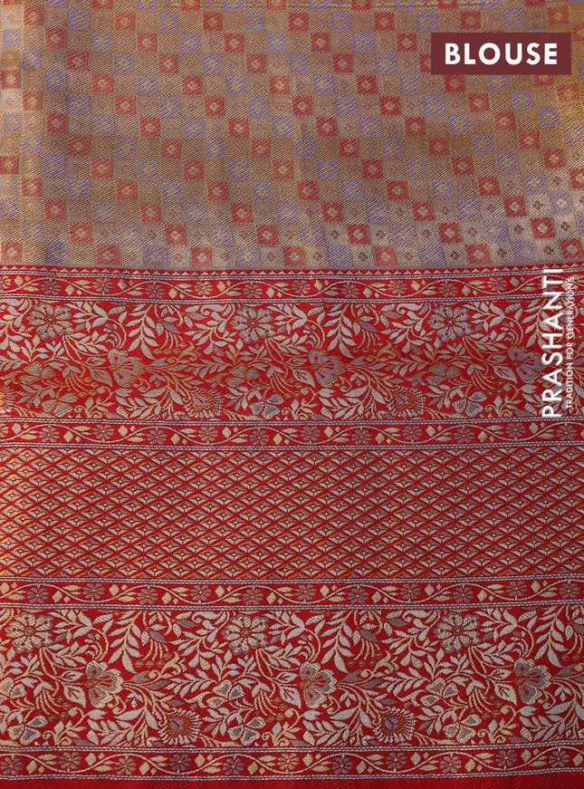 Pure Kanchipuram tissue silk saree grey and red with allover zari woven brocade weaves and long zari woven border