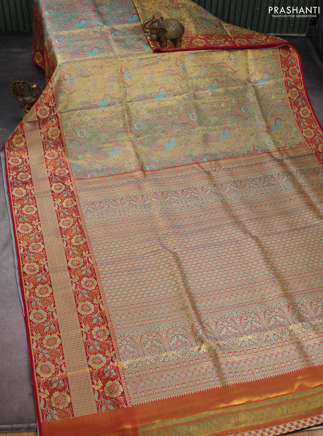 Pure Kanchipuram tissue silk saree dual shade of teal and red with allover zari woven peacock brocade weaves and long zari woven mina border