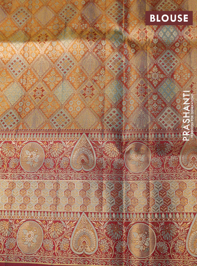 Pure Kanchipuram tissue silk saree dual shade of pastel blue and maroon with allover zari woven brocade weaves and long zari woven border