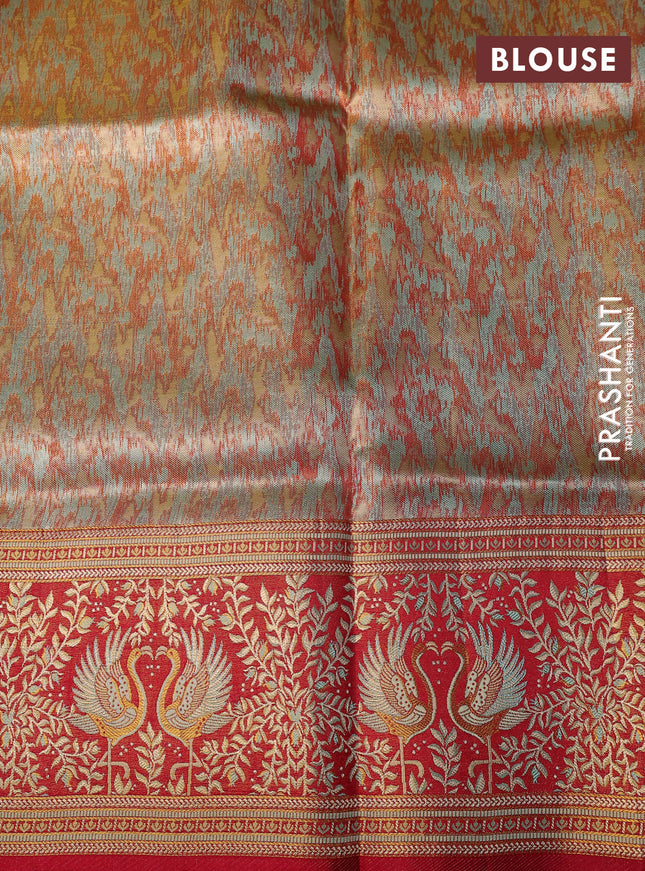 Pure Kanchipuram tissue silk saree dual shade of pastel and red with allover zari woven geometric brocade weaves and zari woven mina border