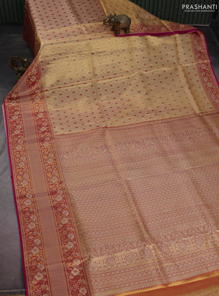 Pure Kanchipuram tissue silk saree dual shade of gold and pink with allover zari woven brocade weaves and long zari woven mina border