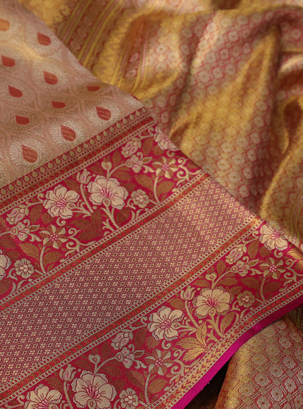 Pure Kanchipuram tissue silk saree dual shade of gold and pink with allover zari woven brocade weaves and long zari woven mina border