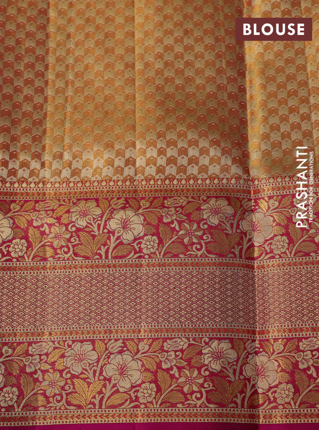 Pure Kanchipuram tissue silk saree dual shade of gold and pink with allover zari woven brocade weaves and long zari woven mina border