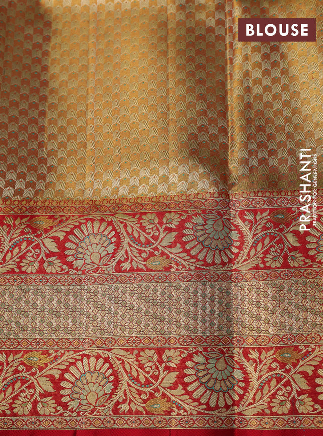 Pure Kanchipuram tissue silk saree dual shade of teal and red with allover silver zari woven brocade weaves and long zari woven border