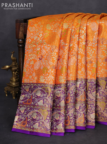 Pure Kanchipuram silk saree orange and violet with allover zari woven brocade weaves and long zari woven mina border
