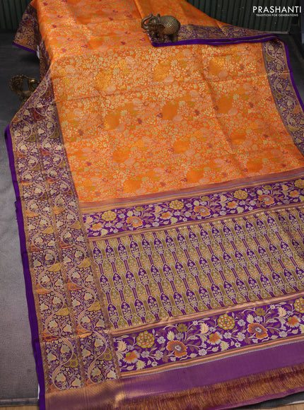 Pure Kanchipuram silk saree orange and violet with allover zari woven brocade weaves and long zari woven mina border