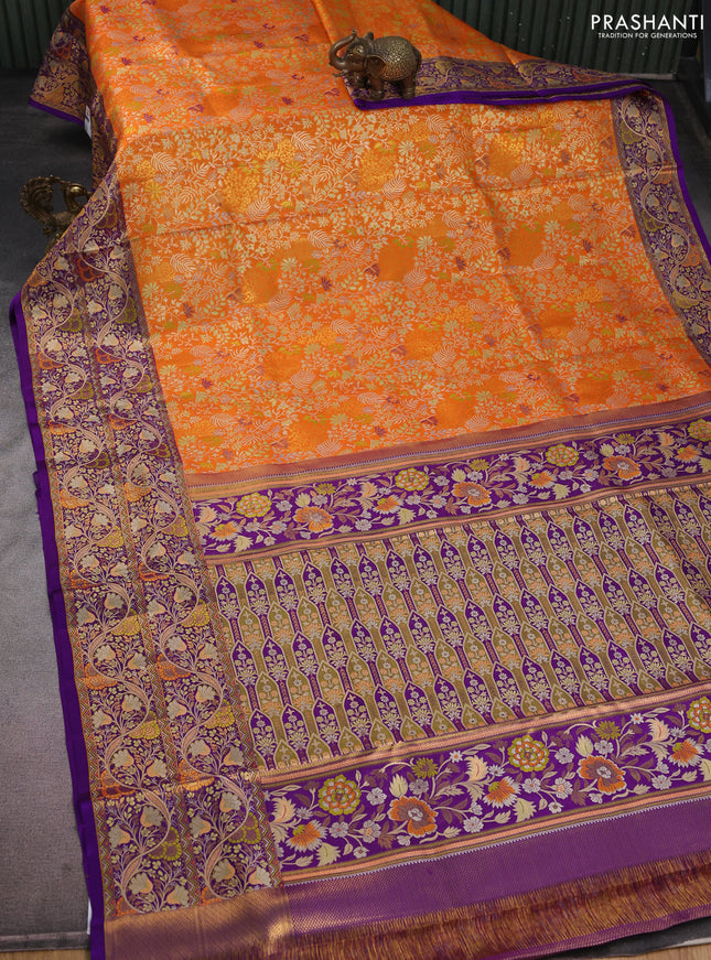 Pure Kanchipuram silk saree orange and violet with allover zari woven brocade weaves and long zari woven mina border