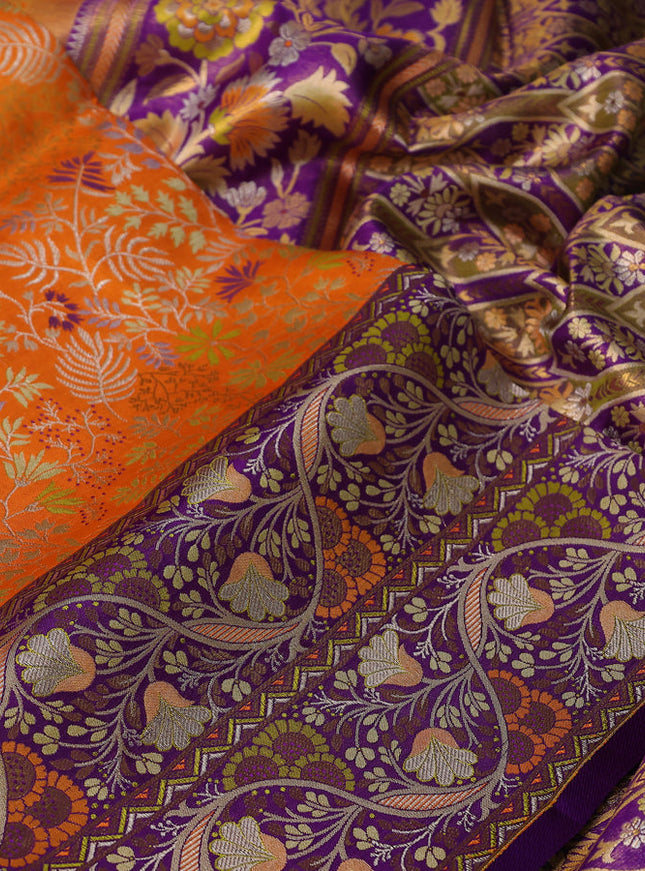 Pure Kanchipuram silk saree orange and violet with allover zari woven brocade weaves and long zari woven mina border