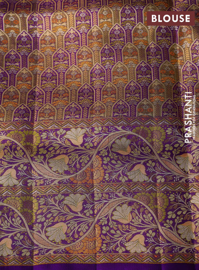 Pure Kanchipuram silk saree orange and violet with allover zari woven brocade weaves and long zari woven mina border
