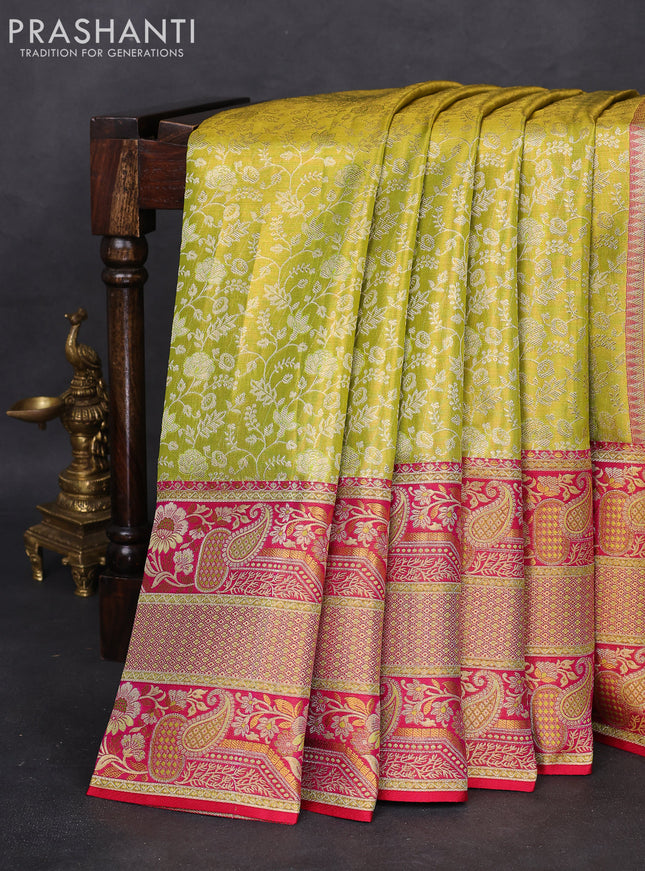 Pure Kanchipuram silk saree lime green and pink with allover zari woven brocade weaves and long zari woven mina border