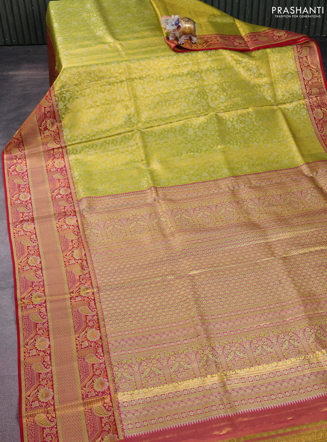 Pure Kanchipuram silk saree lime green and pink with allover zari woven brocade weaves and long zari woven mina border