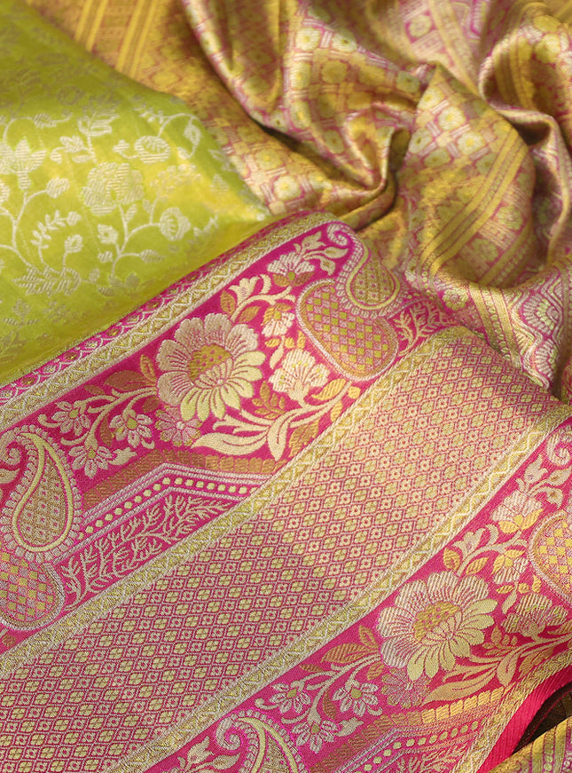 Pure Kanchipuram silk saree lime green and pink with allover zari woven brocade weaves and long zari woven mina border
