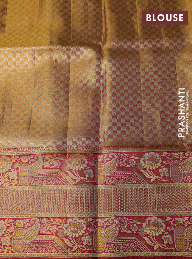Pure Kanchipuram silk saree lime green and pink with allover zari woven brocade weaves and long zari woven mina border