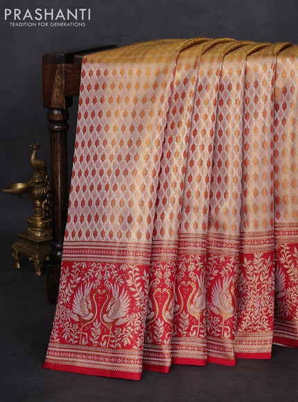 Pure Kanchipuram silk saree dual shade of pastel pink and maroon with allover zari woven brocade weaves and zari woven mina border