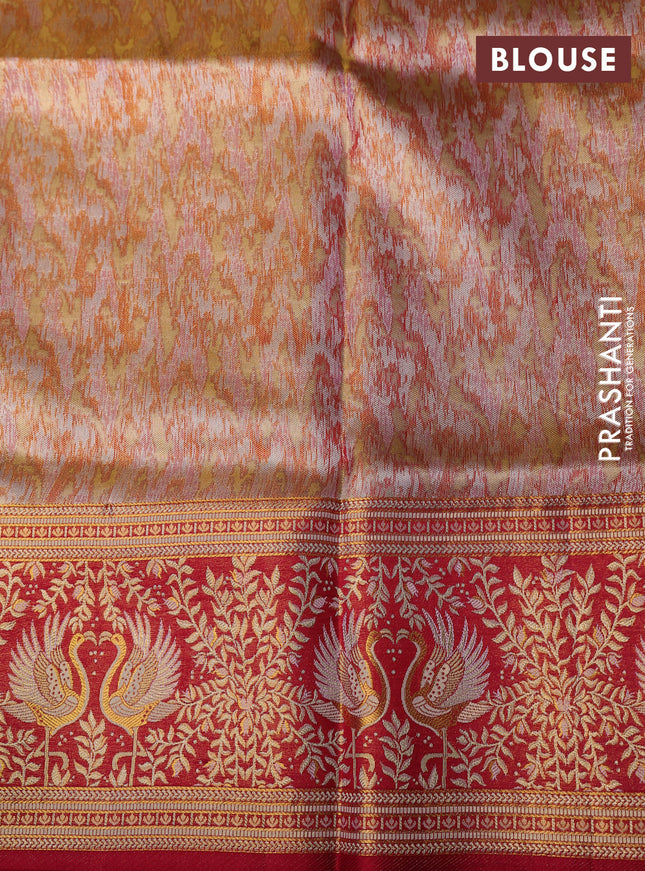 Pure Kanchipuram silk saree dual shade of pastel pink and maroon with allover zari woven brocade weaves and zari woven mina border