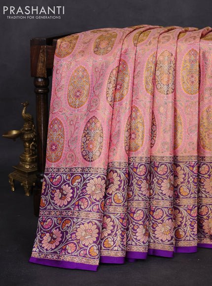Pure Kanchipuram silk saree peach pink and violet with allover zari woven brocade weaves and long zari woven mina border