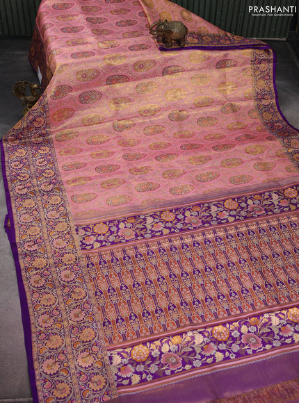 Pure Kanchipuram silk saree peach pink and violet with allover zari woven brocade weaves and long zari woven mina border