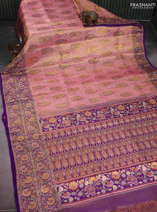 Pure Kanchipuram silk saree peach pink and violet with allover zari woven brocade weaves and long zari woven mina border