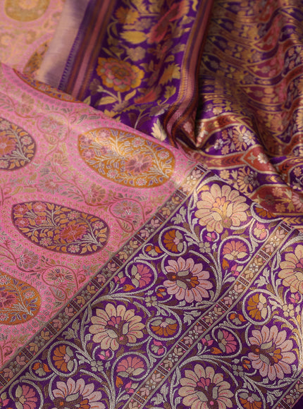 Pure Kanchipuram silk saree peach pink and violet with allover zari woven brocade weaves and long zari woven mina border