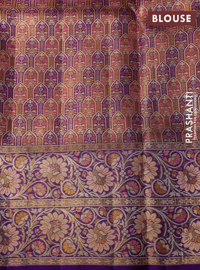 Pure Kanchipuram silk saree peach pink and violet with allover zari woven brocade weaves and long zari woven mina border