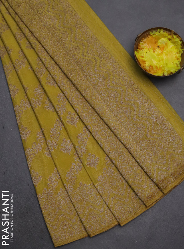 Banarasi semi crepe saree lime yellow with allover thread & zari weaves and woven border