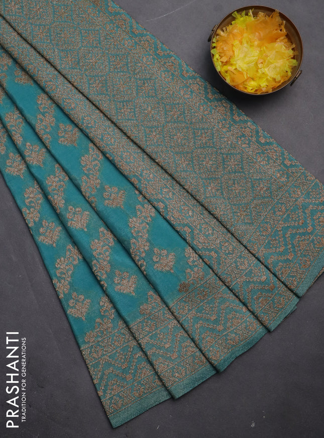 Banarasi semi crepe saree teal blue with allover thread & zari weaves and woven border
