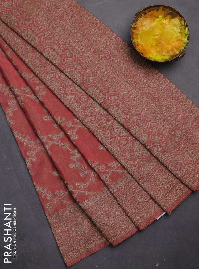 Banarasi semi crepe saree peach shade with allover thread & zari weaves and woven border