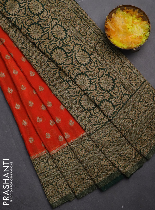 Banarasi semi crepe saree orange and green with woven buttas and woven border