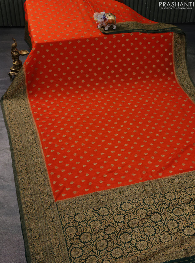 Banarasi semi crepe saree orange and green with woven buttas and woven border