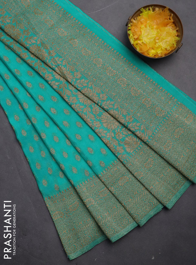Banarasi semi crepe saree teal blue with woven buttas and woven border