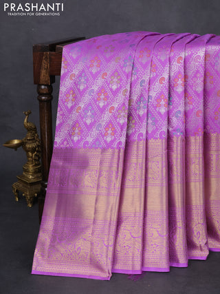 Pure kanchipuram silk saree lavender with allover silver zari woven brocade weaves and long zari woven border